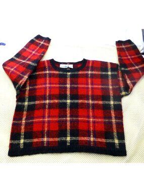 VTG Paul Harris Design Red & Black Plaid Mohair Blend Sweater L Retro Style